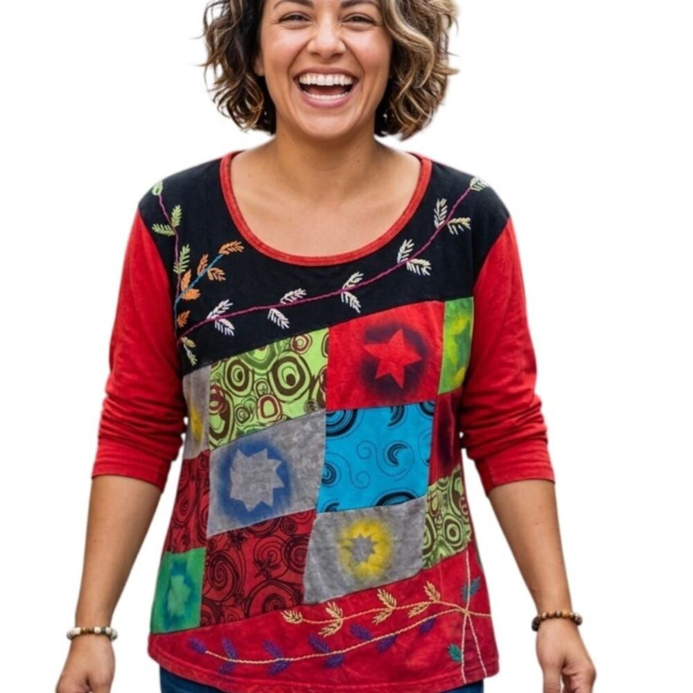Rising International Top Womens XXL Red Embroidered Boho Mixed Print Colorful